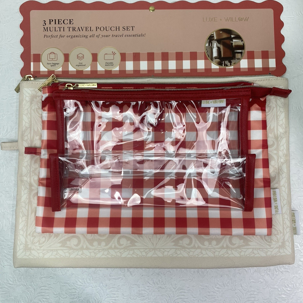 Luxe + Willow 3 Piece Multi Travel Pouch Set Clear Red Gingham & Cream Vacation